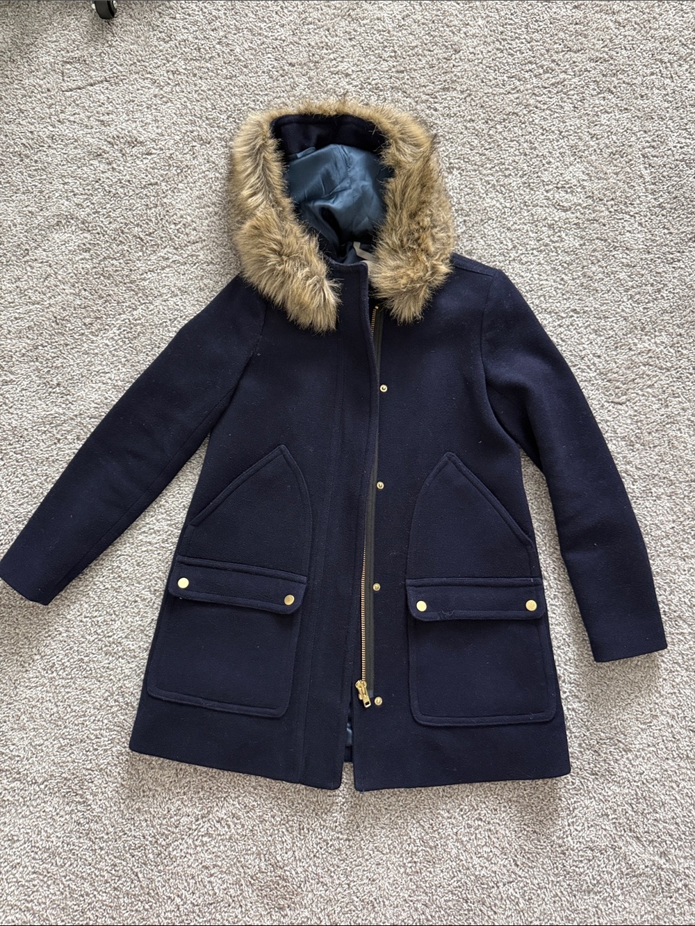 J. Crew Navy Wool Pea Coat with Faux Fur Trimmed Hood - Size 0